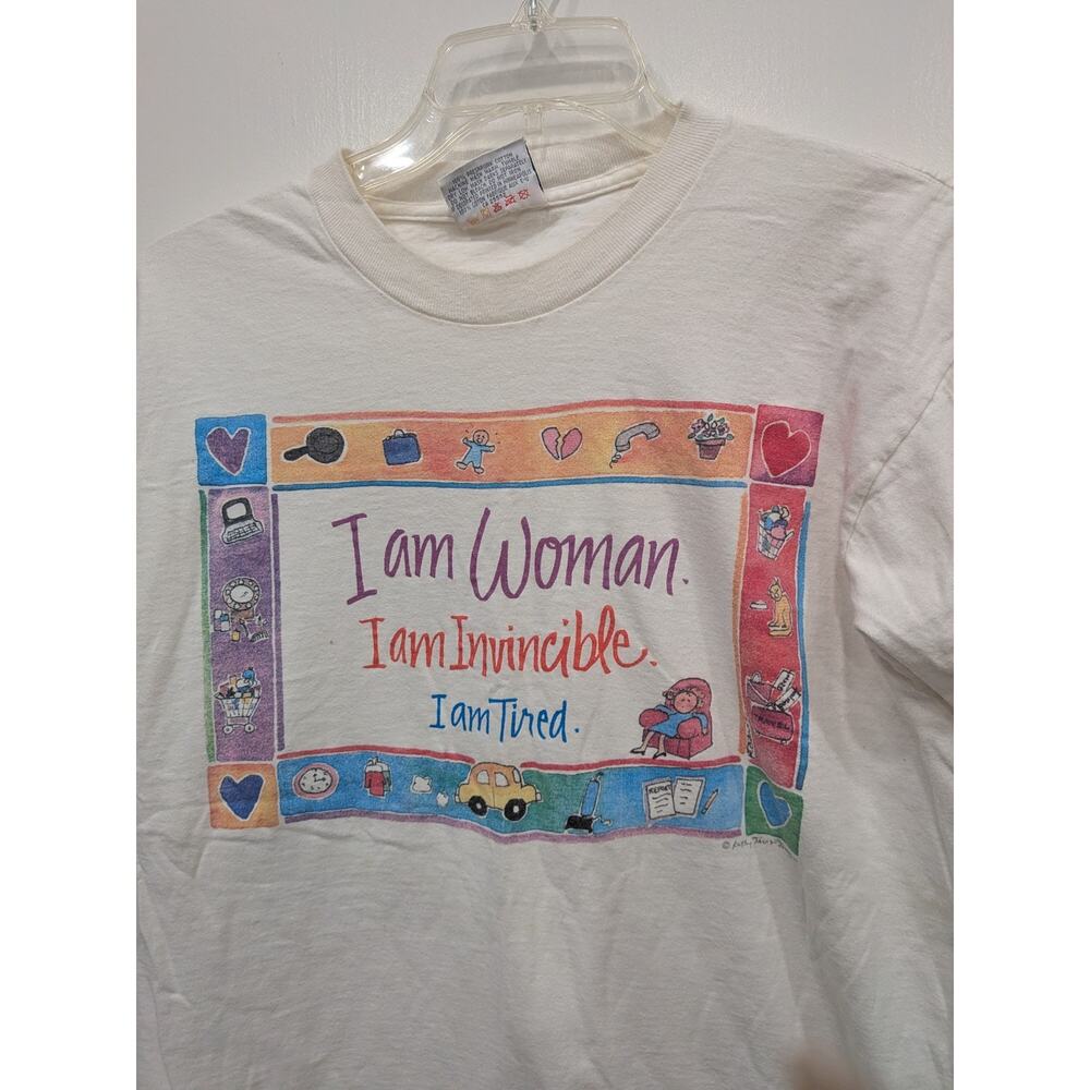 Vtg 90s Kathy Davis I Am Woman Invincible Tired T-Shirt Single Stitch Large